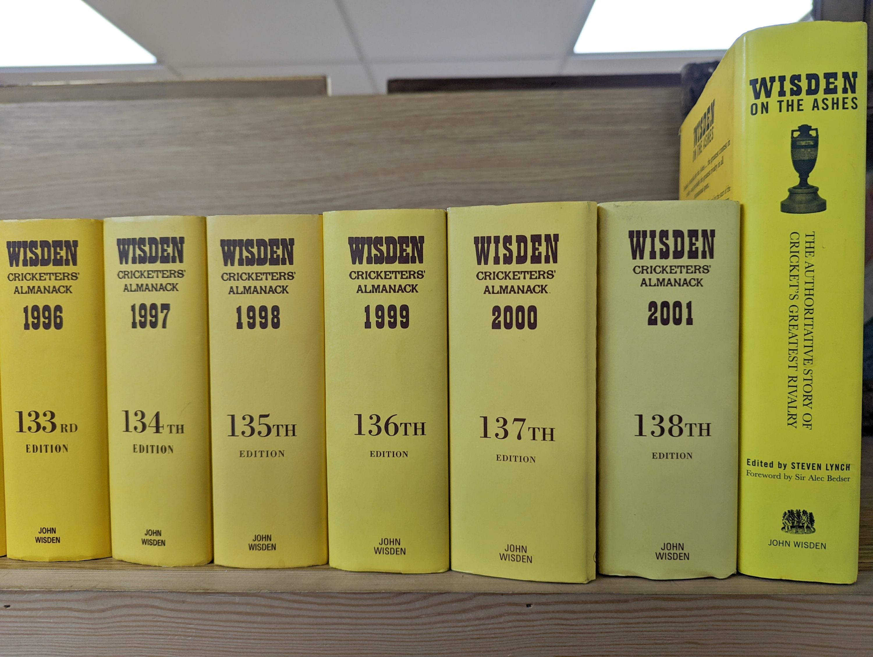 Wisdens Almanack, 73 volumes, 1947-1964, 1966-2020 and one other Wisden edition “On the Ashes”.